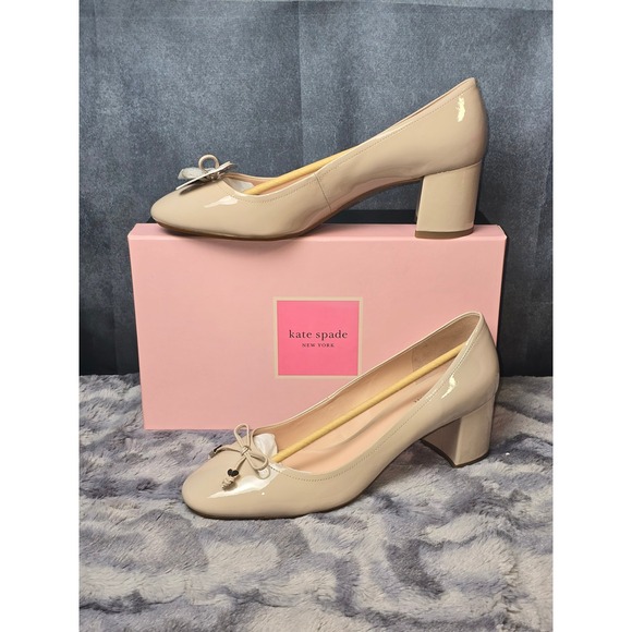Kate Spade Bev Bow Pumps In Tusk | ModeSens NWB Kate Spade Bev Bow Pumps Tusk Patent Leather Block Heel Women 10